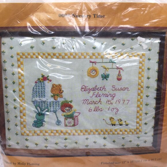 Vtg The Creative Circle 0606 Nursery Time Embroidery Kit 12"x16" Name Birth Date - Picture 2 of 6